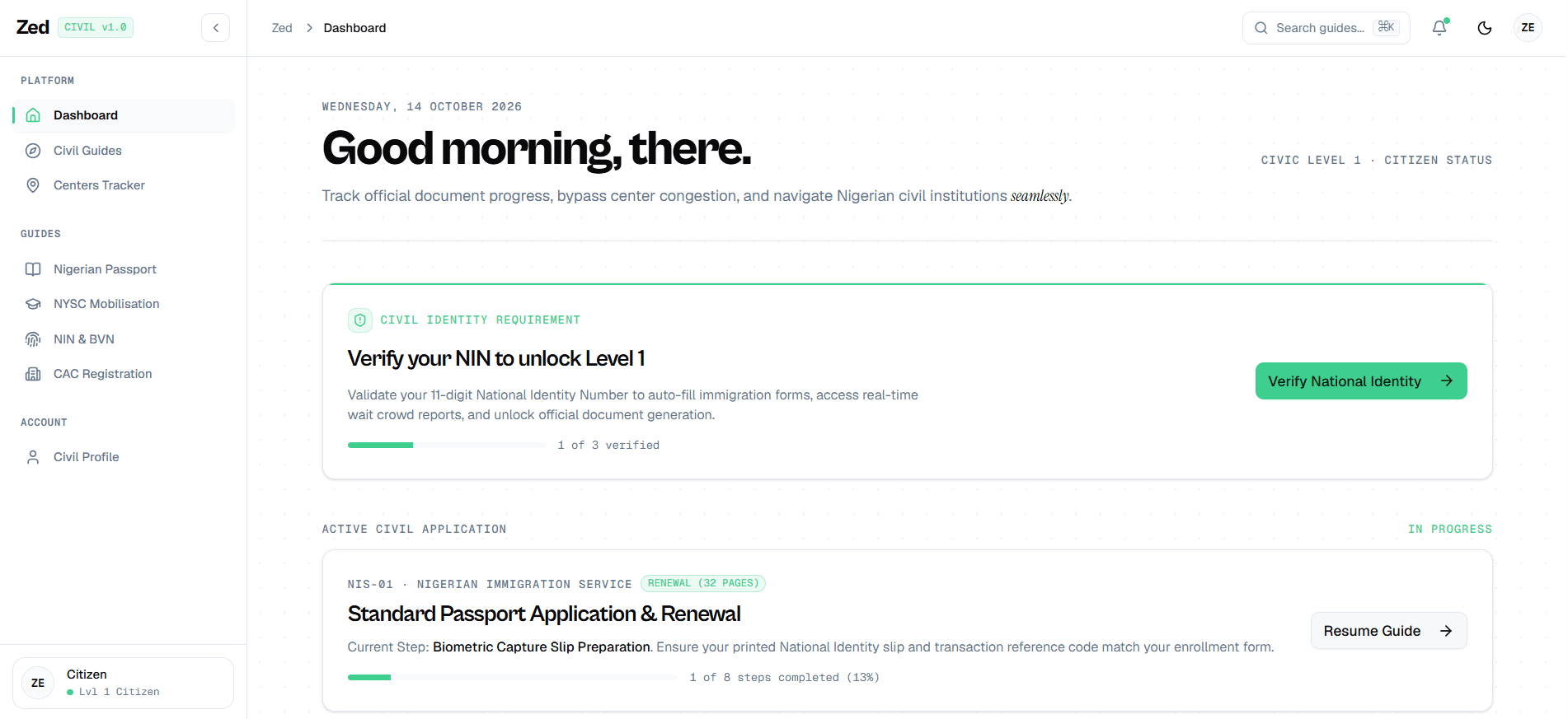 Zed civic dashboard showing civil guides, NIN verification prompt, and passport tracking